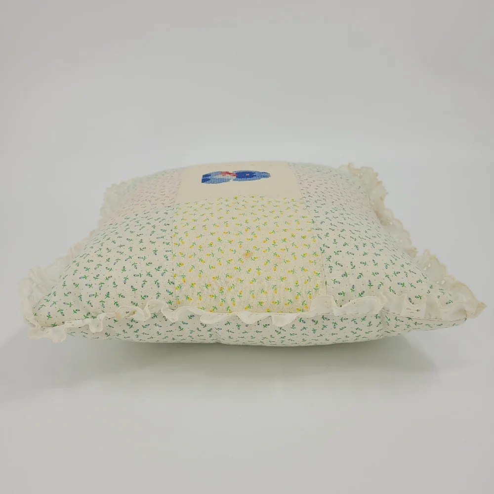 Handmade Vintage Quilted Cross Stitch Pillow Floral Dog Puppy Lace Grandma